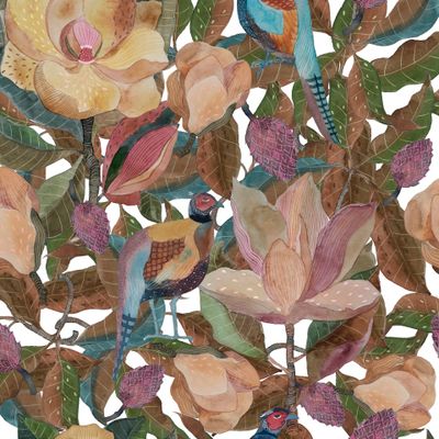 Фазаны, магнолия на светлом фоне, акварель