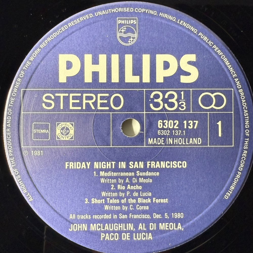 Al Di Meola / John McLaughlin / Paco De Lucia - Friday Night In San Francisco (Голландия 1981г.)