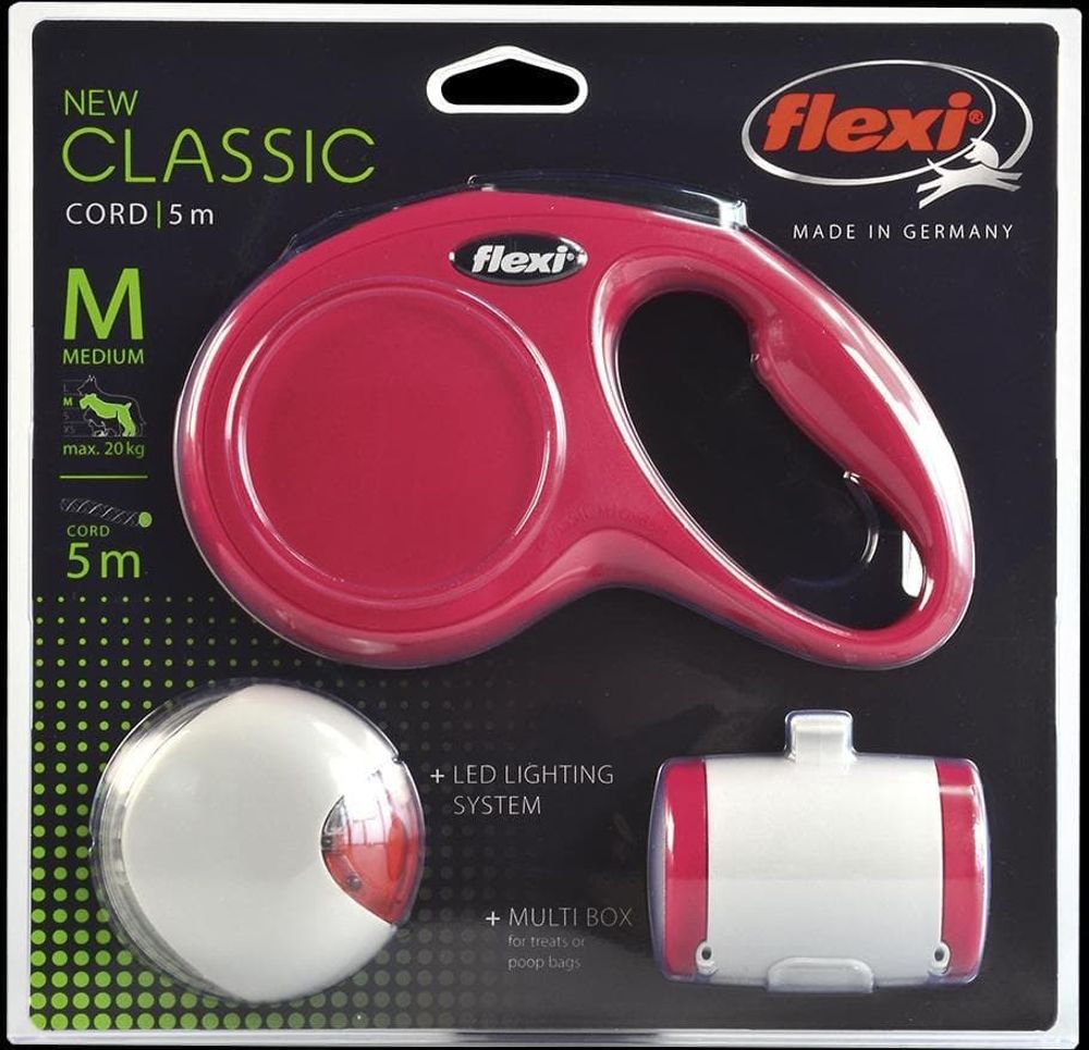 FLEXI набор (рулетка NEW Classic Basic М (до 20 кг) трос 5 м + LED фонарик + Multi-box) красный