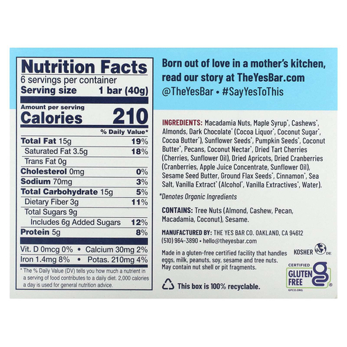 Yes Bar, Snack Bar, шоколад с макадамией, 6 батончиков по 40 г (1,4 унции)