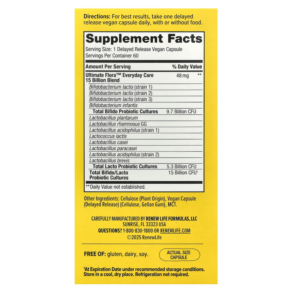 Renew Life, Ultimate Flora ™, пробиотик для повседневного ухода, 15 млрд КОЕ, 60 веганских капсул с отсроченным высвобождением