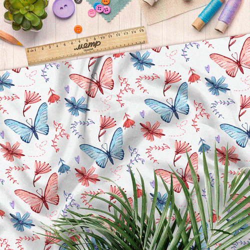 Ткань шелк Армани голубые и розовые бабочки на белом фоне