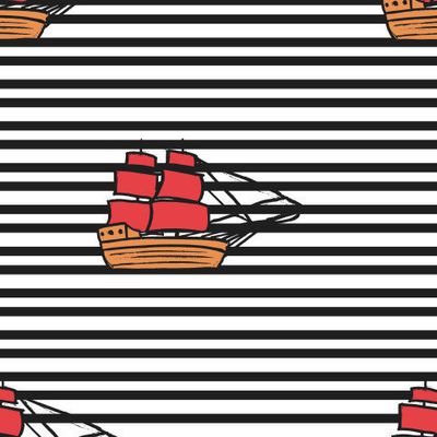 узор с кораблями с КРАСНЫМИ парусами на черных линиях