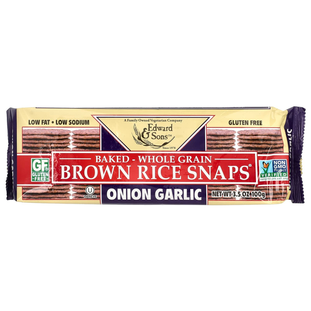 Edward & Sons, Запеченный цельнозерновой коричневый рис Snaps®, лук и чеснок, 100 г (3,5 унции)