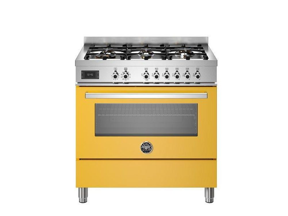 Варочный центр Bertazzoni, 6 газовых конфорок и многофункциональный электрический шкаф, 90 см Желтый глянец