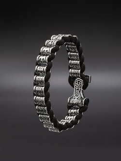 Браслет Ворон из серебра 925 пробы с застежкой молот Тора