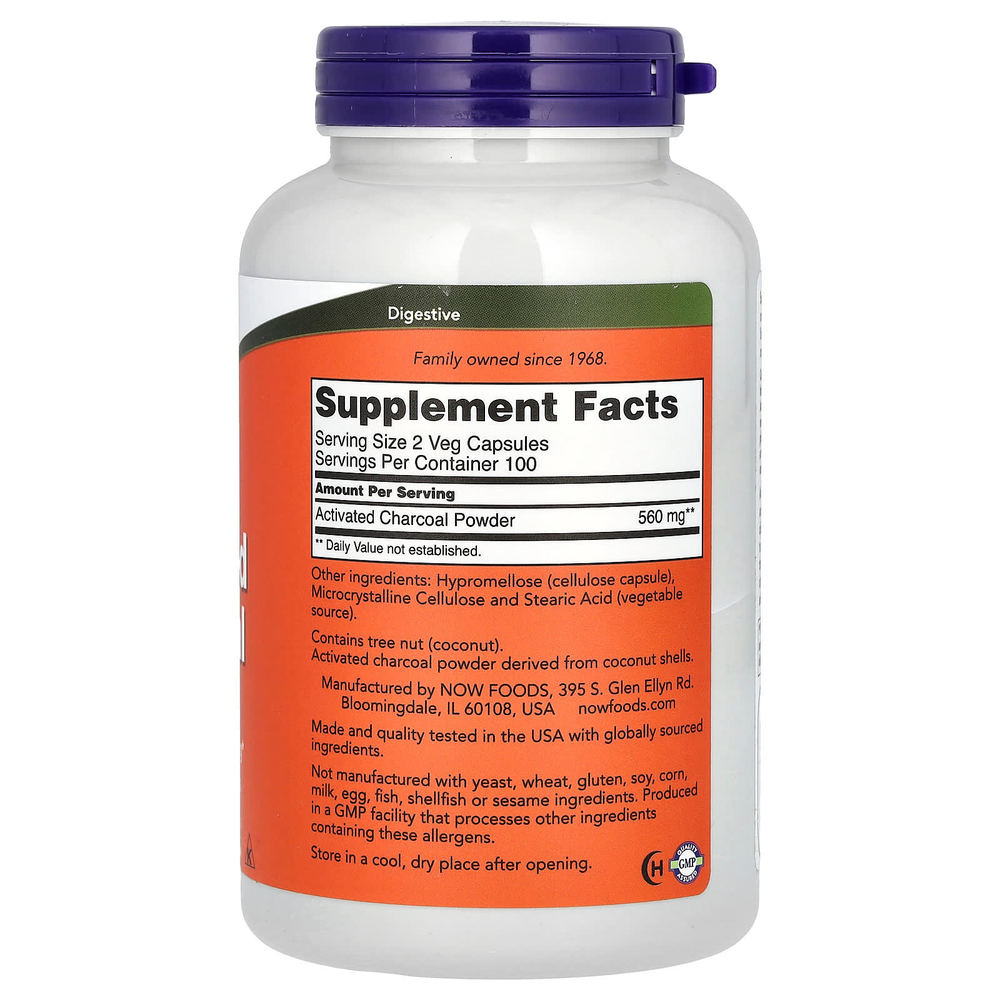 NOW Foods, Активированный уголь, 200 растительных капсул (280 мг на капсулу)