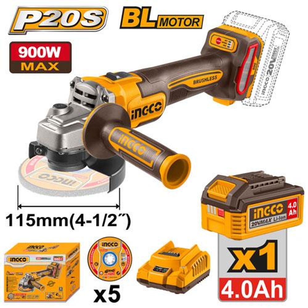 Аккумуляторная угловая шлифовальная машина (УШМ) INGCO CAGLI261521 INDUSTRIAL 20 В 115 мм 1х4 Ач
