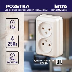 Розетка Intro Quadro 2-203-02 двойная без заземления 2х2P 16А-250В IP20 ОУ Quadro слоновая кость