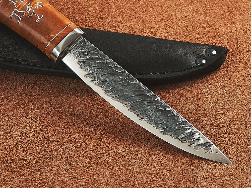 Якутский нож "Амга", сталь Х12МФ, рукоять янтарная стабилизированная карельская береза / рисунок