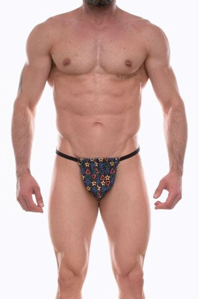 Темно-серые мужские трусы-стринги с разноцветным принтом (Размер: L) (Цвет: темно-серый)