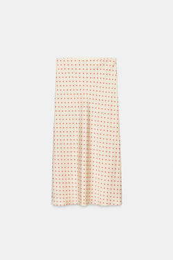 ZARA АТЛАСНАЯ ЮБКА МИДИ В ГОРОШЕК, ЭКРЮ/КРАСНЫЙ