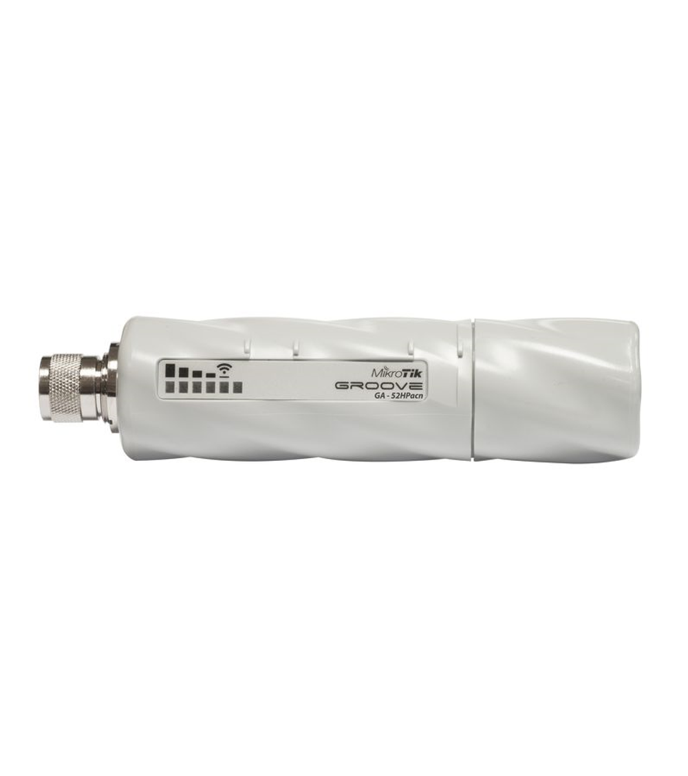 Точка доступа MikroTik GrooveA 52 ac with Nmale connector, 720MHz CPU, 64MB RAM, 1 x Gigabit LAN, 1 x built-in high power 2.4/5GHz 802.11a/b/g/n/ac wireless, RouterOS L4, plastic case, mounting loops, PoE, PSU, Omn