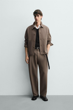 ZARA БРЮКИ RELAXED FIT СО СКЛАДКАМИ, СЕРО-КОРИЧНЕВЫЙ