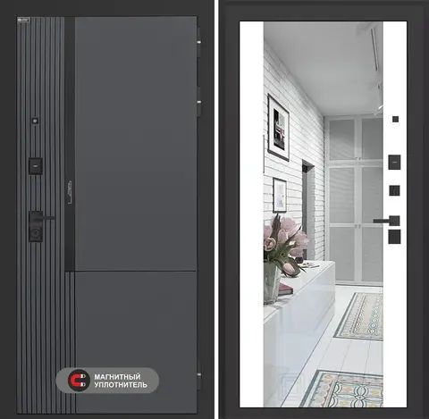 Входная дверь в квартиру Лабиринт Лаб про 2 Велютто Оскуро с зеркальной вставкой Максимум Белый софт (без текстуры)