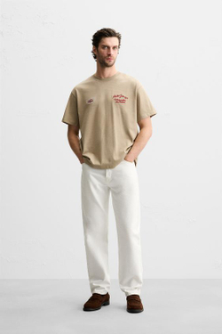 ZARA ФУТБОЛКА С КОНТРАСТНОЙ ВЫШИВКОЙ, ТЕМНЫЙ РЫЖЕВАТО-КОРИЧНЕВЫЙ