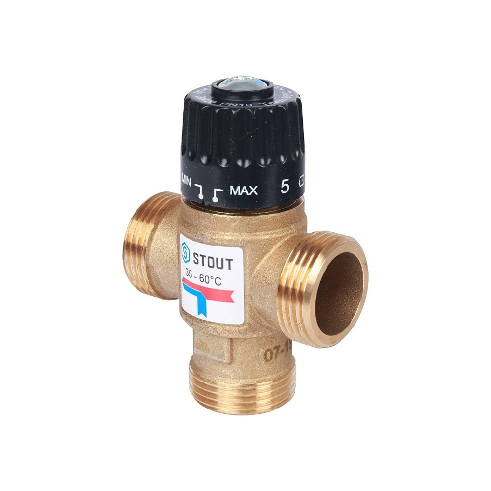 Клапан термостатический смесительный STOUT - 1" (НР, 35-60°C, Kvs 2.5, L-образное смешивание)