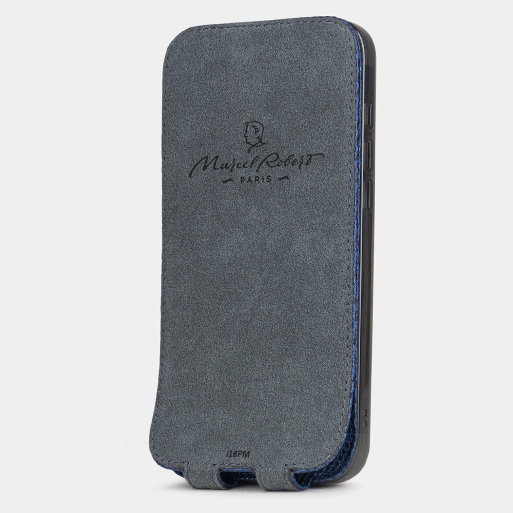 Чехол для iPhone 16 Pro кожаный, ящерица синего цвета