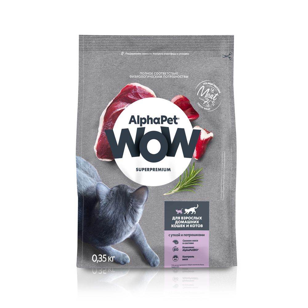 Сухой корм ALPHAPET WOW SUPERPREMIUM для взрослых домашних кошек и котов с уткой и потрошками 350 г