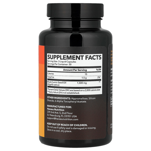 Havasu Nutrition, масло из семян черного тмина, масло холодного отжима, 90 капсул с жидкостью (500 мг в 1 капсуле)