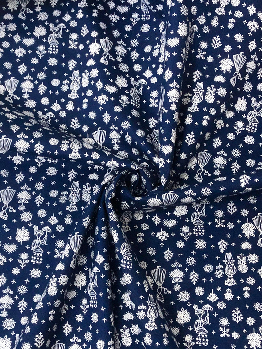 Поплин принт, девушка, цветы на синем