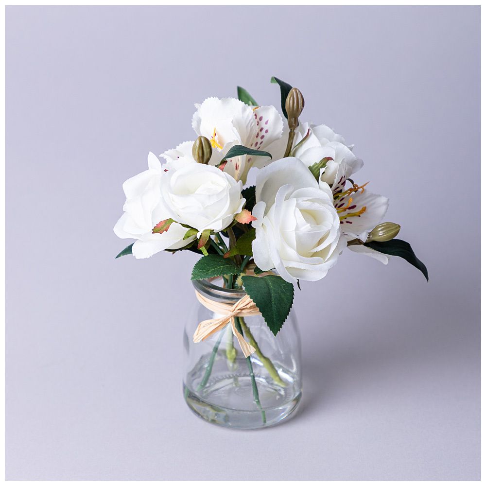 БУКЕТ ИСКУССТВЕННЫХ ЦВЕТОВ В КРУГЛОЙ ВАЗЕ ВЫСОТА= 16СМ (МАЛ=8ШТ./КОР=64ШТ.)