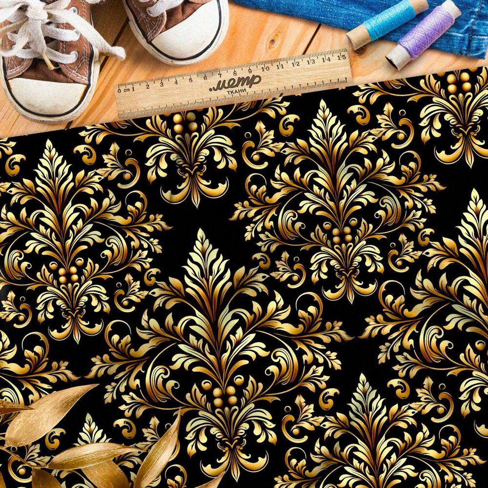 Ткань премиум таффета золотой орнамент на черном