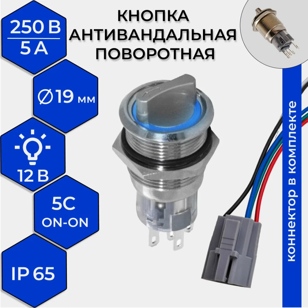 Кнопка антивандальная поворотная с коннектором, до 250 В, LAS1-AGQ-11X/21/B/N (5с) ON-ON, подсветка 12 В синяя RUICHI