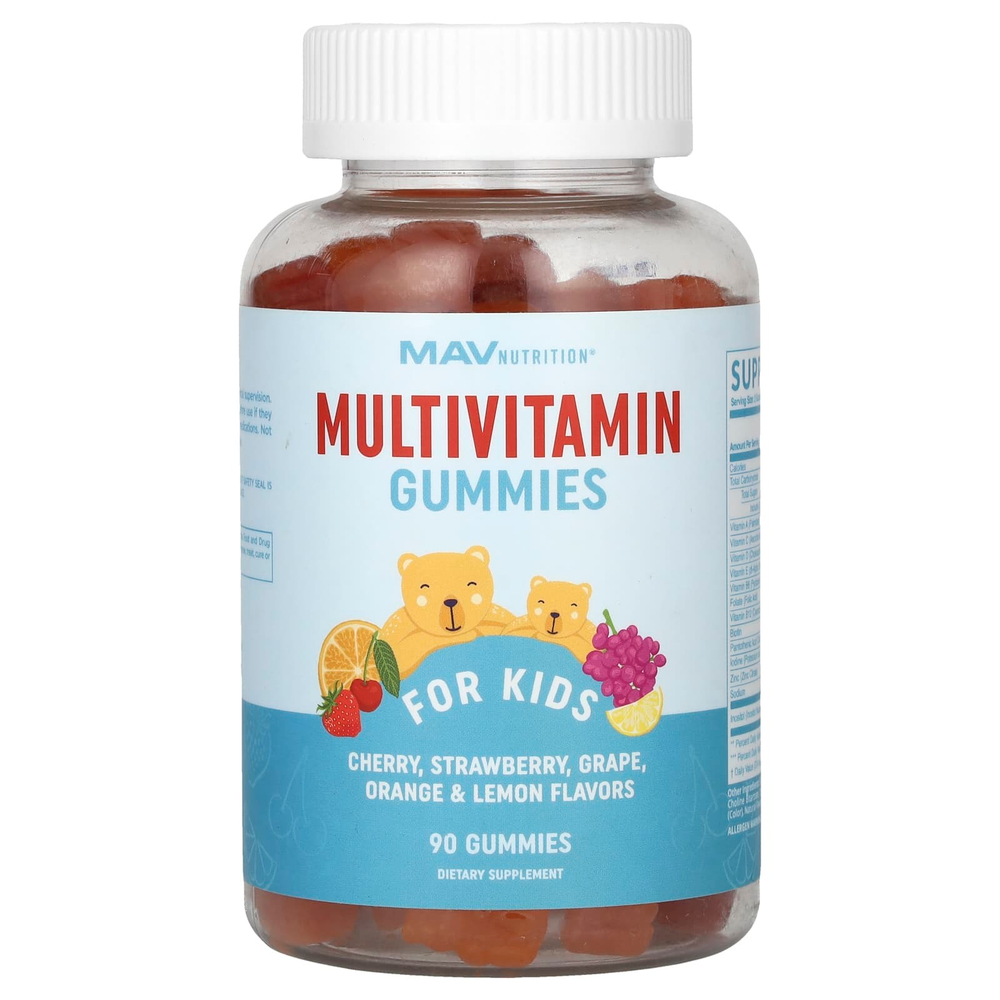 MAV Nutrition, жевательные мультивитамины, для детей, вишня, клубника, виноград, апельсин и лимон, 90 жевательных таблеток