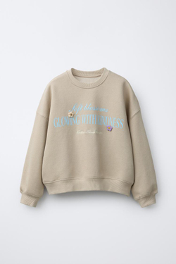 ZARA ТОЛСТОВКА С НАДПИСЬЮ И ЦВЕТАМИ, РЫЖЕВАТО-КОРИЧНЕВЫЙ