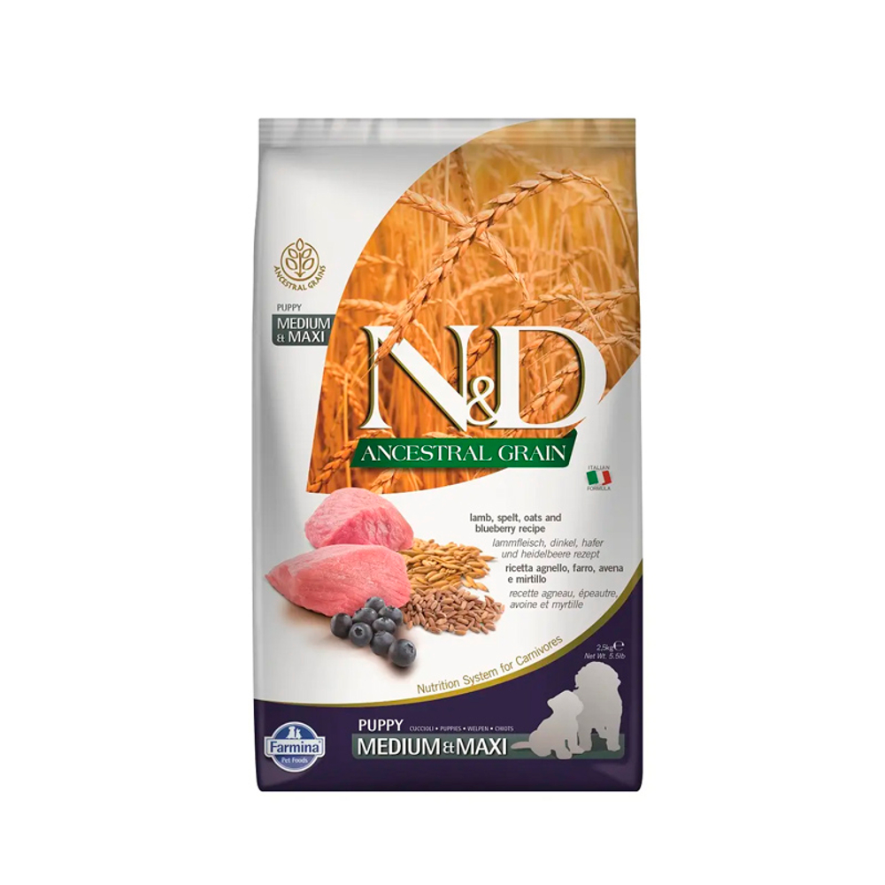 Сухой корм для для щенков средних и крупных пород Ягнёнок и черника Farmina N&D Ancestral Grain