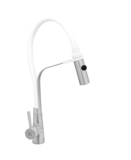 Смеситель Кухня SANTREK AQUA-821 "INOX"  шар d-35 нерж. с гибким силиконовым изливом (белый)