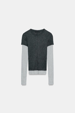 ZARA ФУТБОЛКА С ЭФФЕКТОМ ДВОЙНЫХ ДЛИННЫХ РУКАВОВ, СЕРЫЙ МЕЛАНЖ
