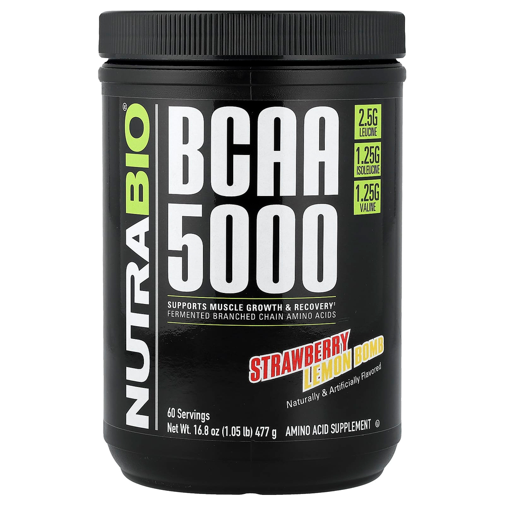 NutraBio, BCAA 5000, клубнично-лимонная бомба, 477 г (1,05 фунта)