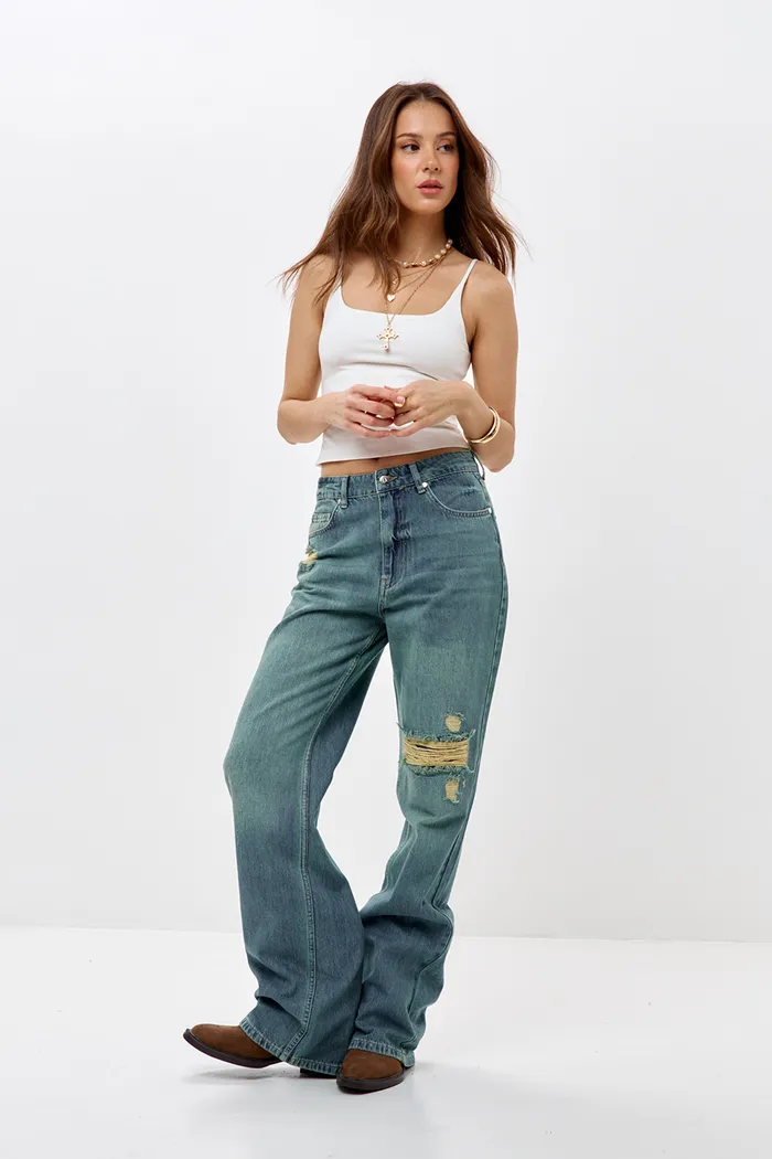 Джинсы wide leg с потертостями сине-зеленого цвета