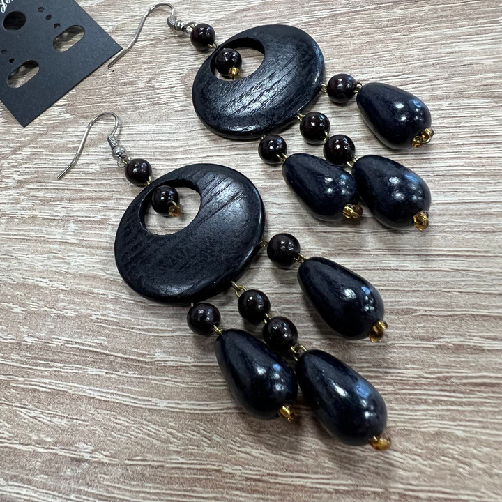 Серьги Сатурн, дерево, цвет черный, вишневый, 30x70 мм