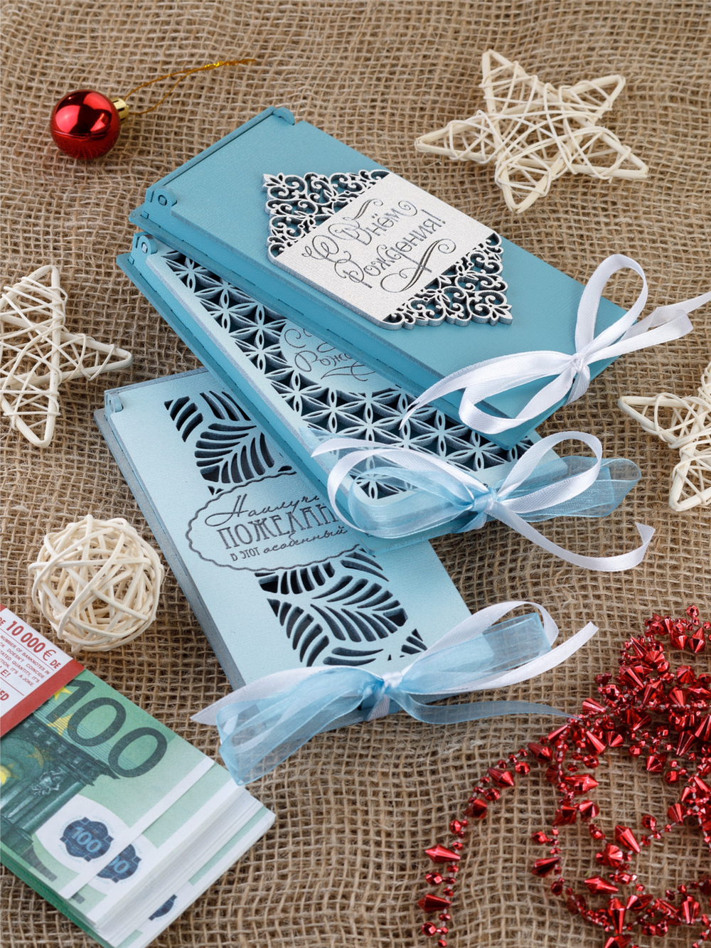 Купюрница деревянная, покраска акрил, с атласной леной, артикул КДХ-011