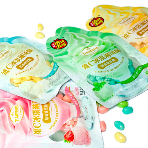 Жевательные конфеты Jian Feng Tianfeng Vitamin C Ice Cream Flavor в глазури вкус клубничное мороженое 28 г