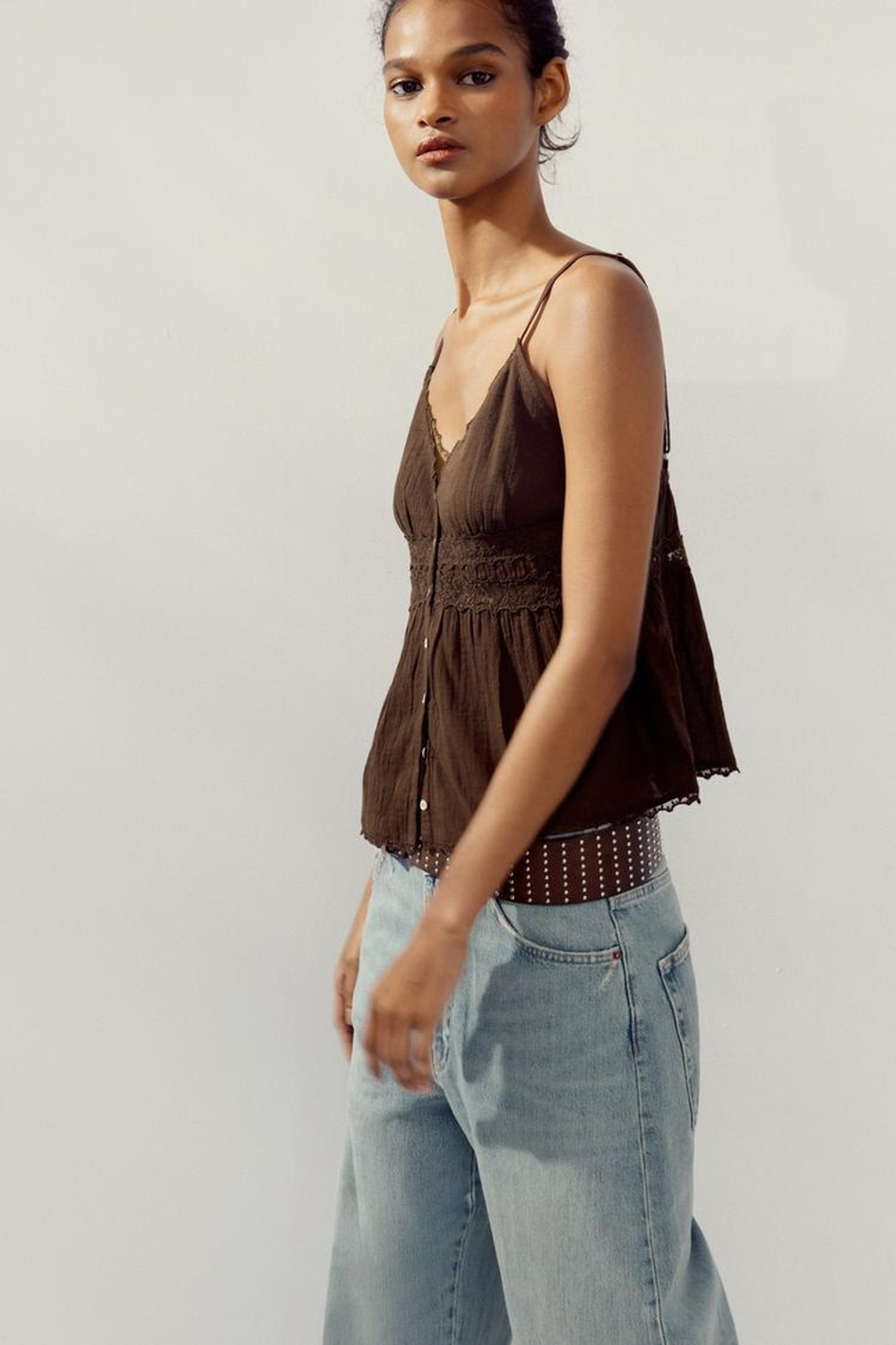 ZARA ТОП С КРУЖЕВОМ, КОРИЧНЕВЫЙ