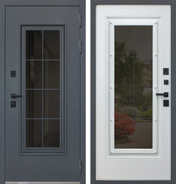 Входная металлическая дверь АСД c терморазрывом Титаниум с окном и английской решеткой Букле графит / Матовый белый