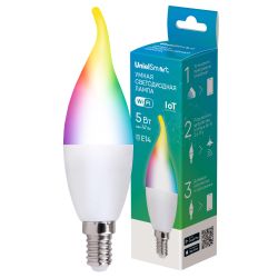 LED-CW37-5W-RGBW-E14-230V-WF-FR PLS80WH Умная лампа светодиодная Wi-Fi+Bluetooth. диммируемая. Форма свеча на ветру. матовая. 2700-6500K+RGB. Голосовое управление+приложение UnielSmart. TM Uniel