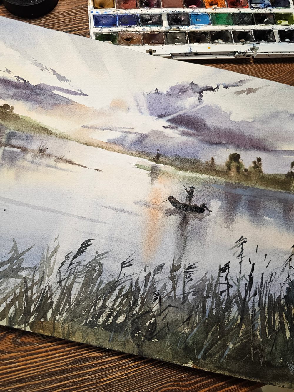 Картина авторская акварельная в паспарту 40х50 см на стену для интерьера "На вечерней зорьке"