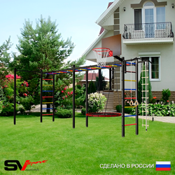 Уличная шведская стенка Sv Sport рукоход х 2 с комплектом турник прямой У52222.1К (Турник/Гнездо 100см/Щит баскет/Канат/кольца/лестница)