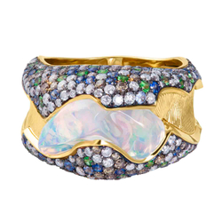 Кольцо с Мексиканским Опалом, Бриллиантами, Сапфирами и Цаворитами, R0033-1/2