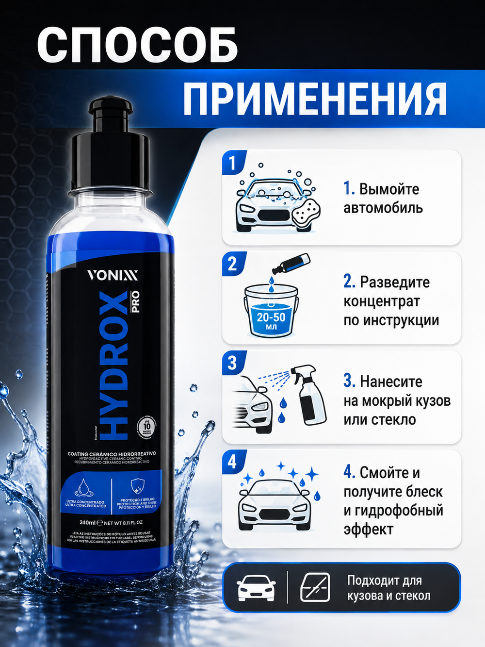 Vonixx Кварцевое покрытие автомобиля HYDROX PRO, концентрат с SiO₂ для кузова и стекол, 240 мл