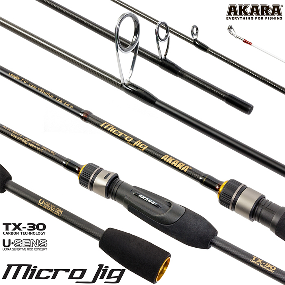 Спиннинг штекерный угольный 2 колена Akara SL1003 Micro Jig 762UL-T TX-30 (0,6-8) 2,3 м