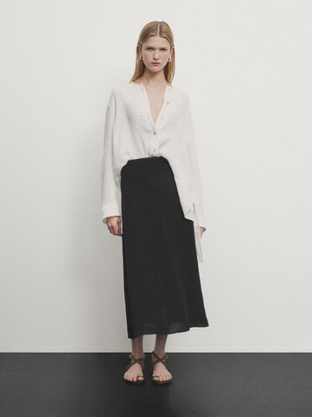Massimo Dutti Юбка миди из 100% льна с декоративной строчкой, черный