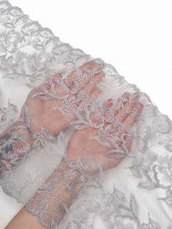 Кружево вышивка на сетке светло-серая неэластичная ширина 28 см