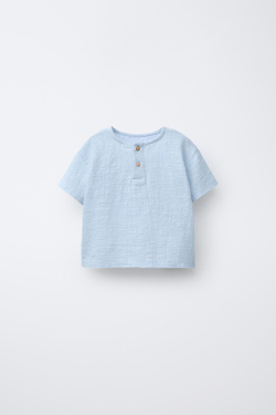 ZARA КОМБИНИРОВАННАЯ ФУТБОЛКА С ГОРЛОВИНОЙ ХЕНЛИ, ГОЛУБОЙ