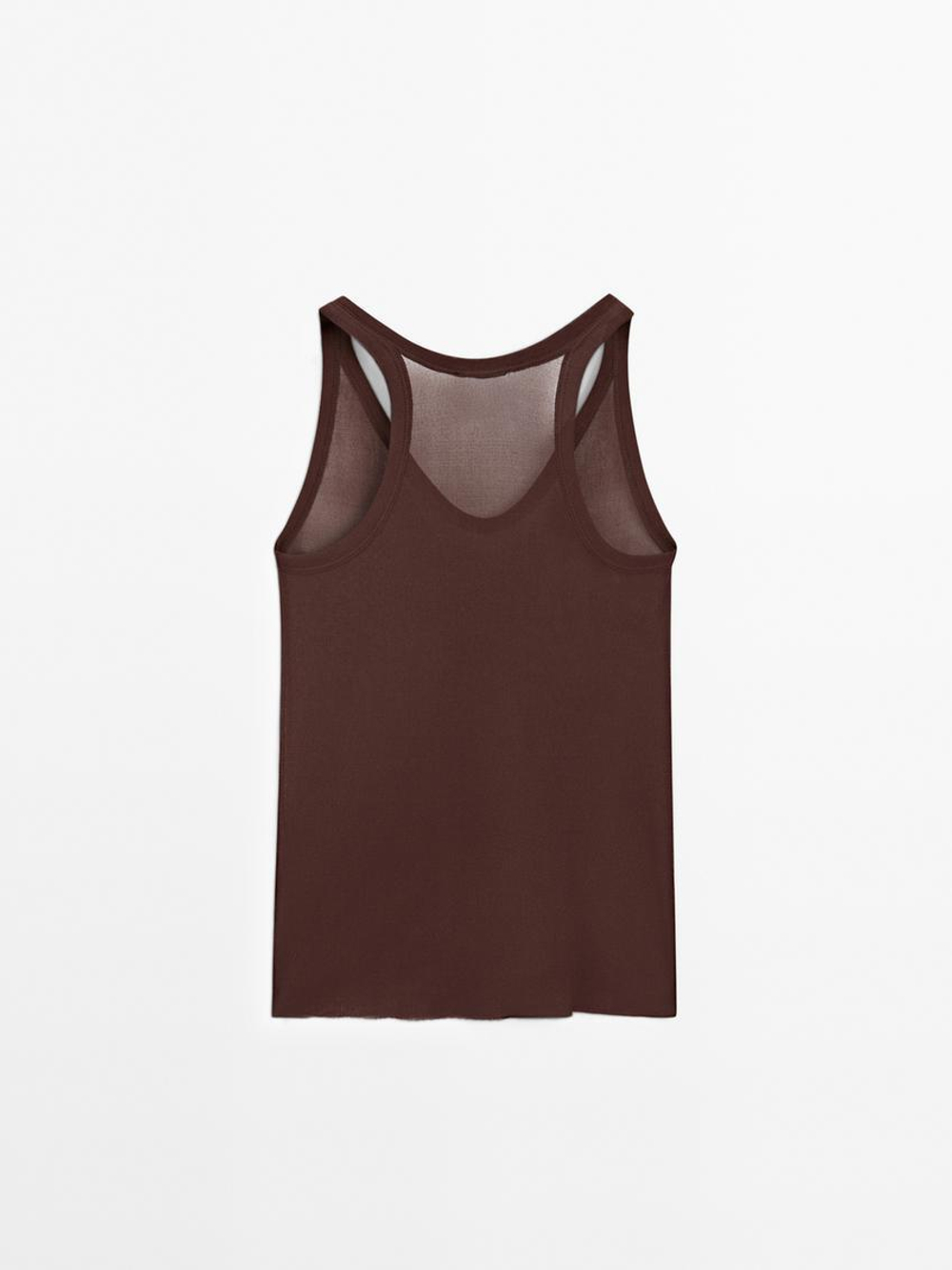 Massimo Dutti Топ из 100% чистого шелка с бретельками через шею - Limited Edition, шоколадно-коричневый